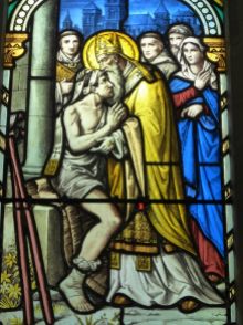 Le lépreux et saint Martin - vitrail restauré de l'église de Saint-Martin-le-Hébert
